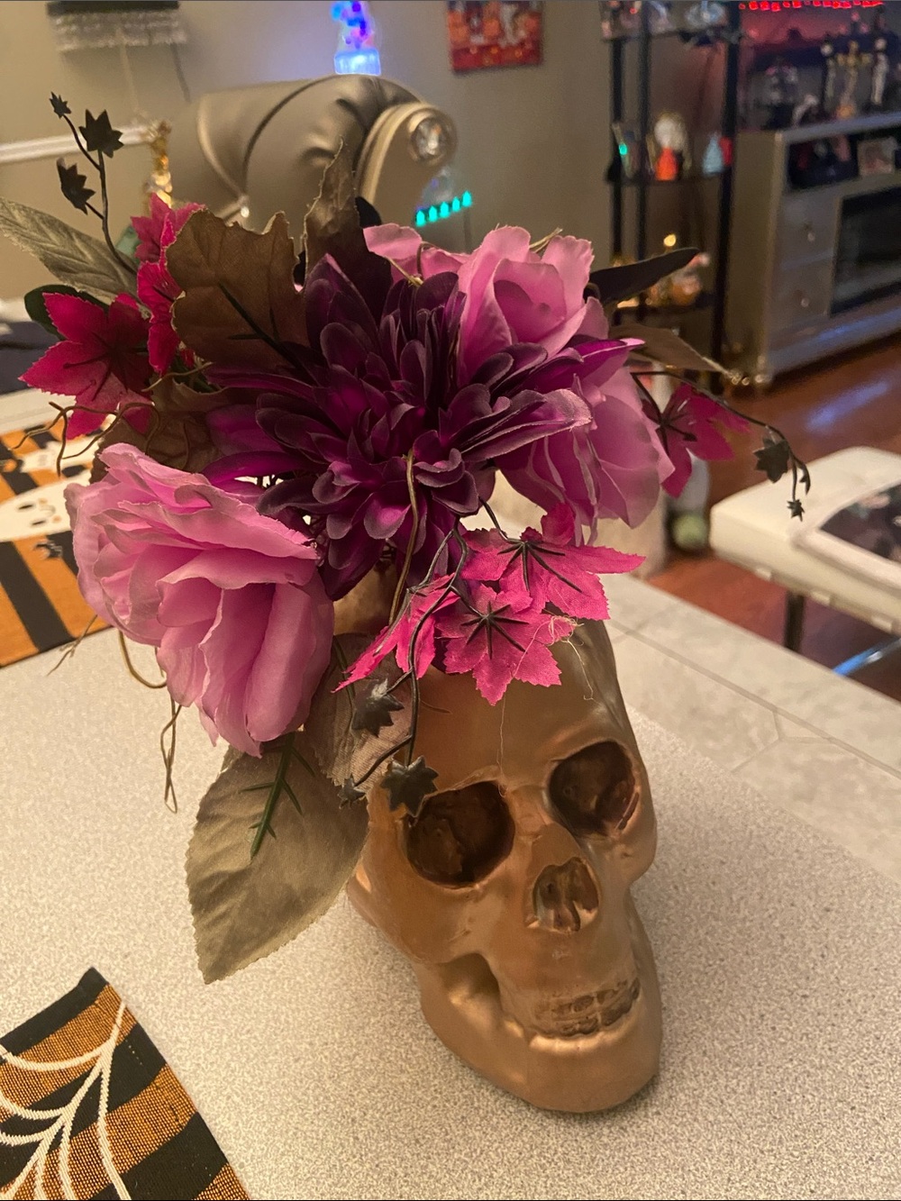 Gold Skull Floral Vase with Pink and Purple Silk Flowers